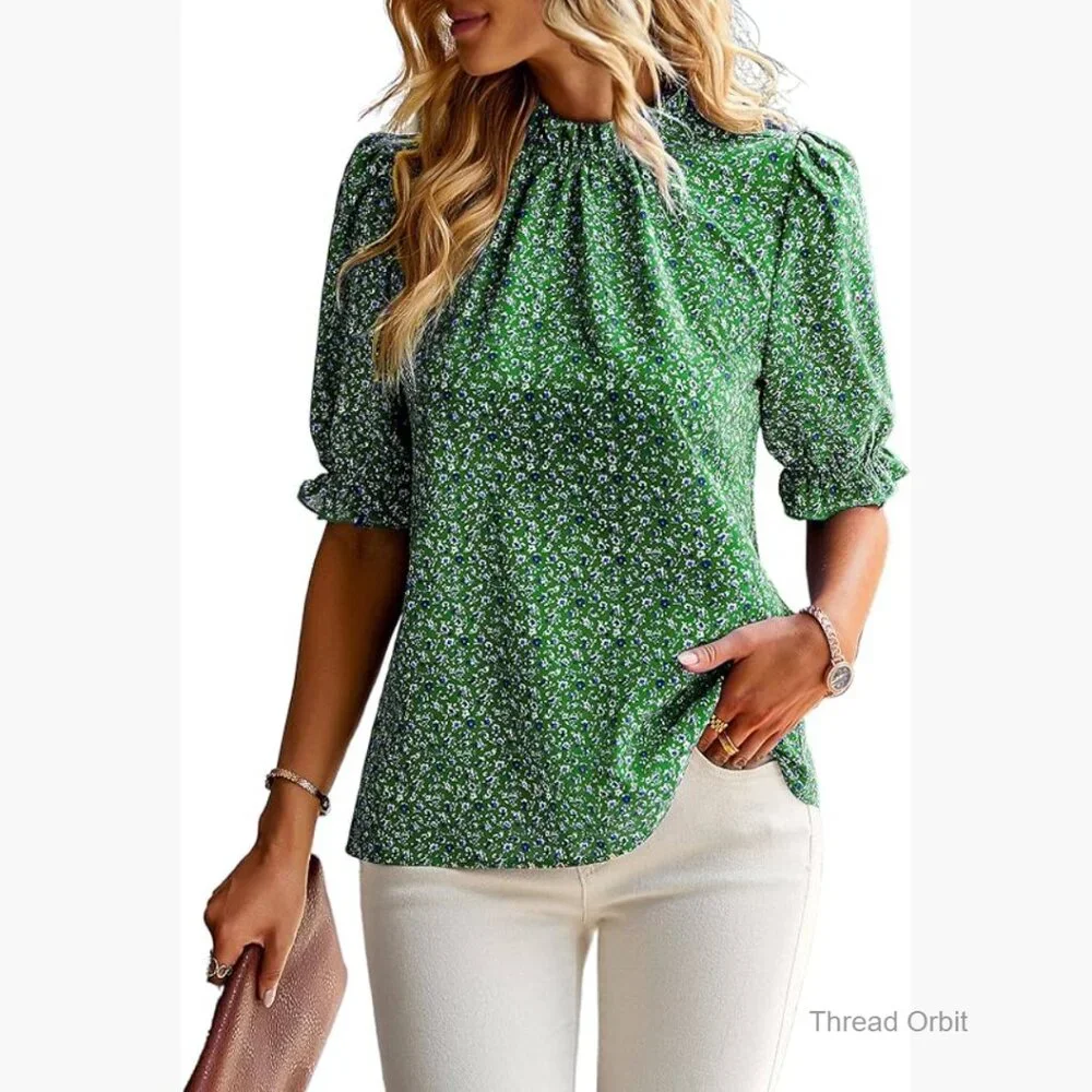 Women's Floral Ruffle Mock Neck Blouse Short Sleeve Boho Casual Top